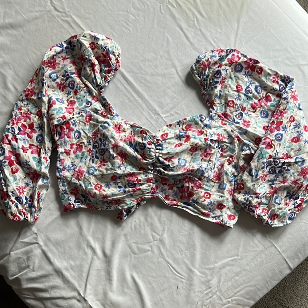 Floral Puff Sleeve Cropped Women's Top
